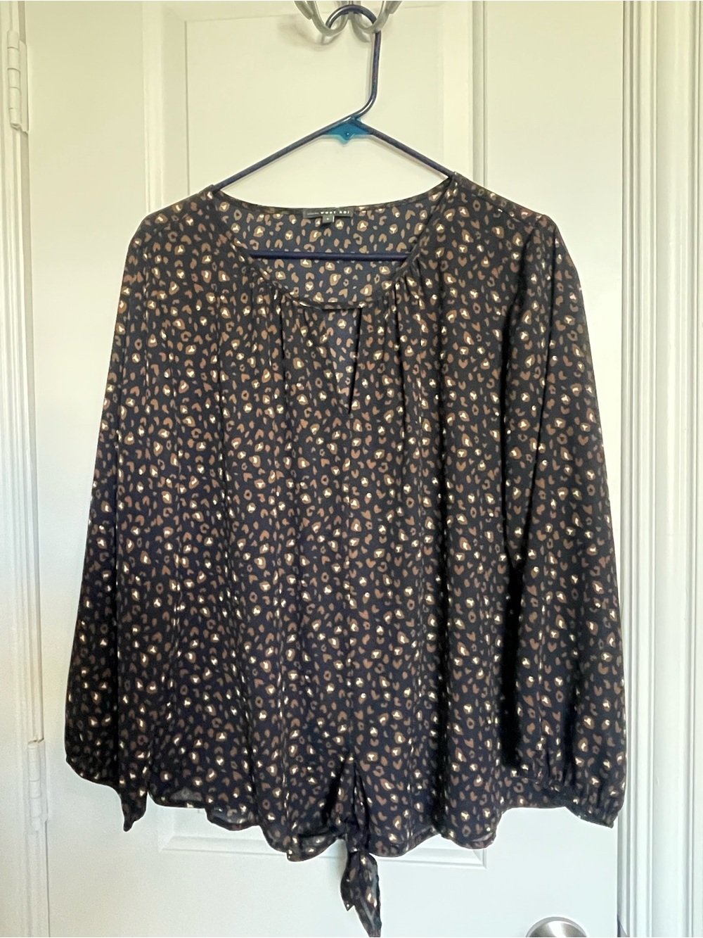 West Kei Navy / Dark Blue Blouse with Brown Spot Print and Front Tie - Picture 1 of 4